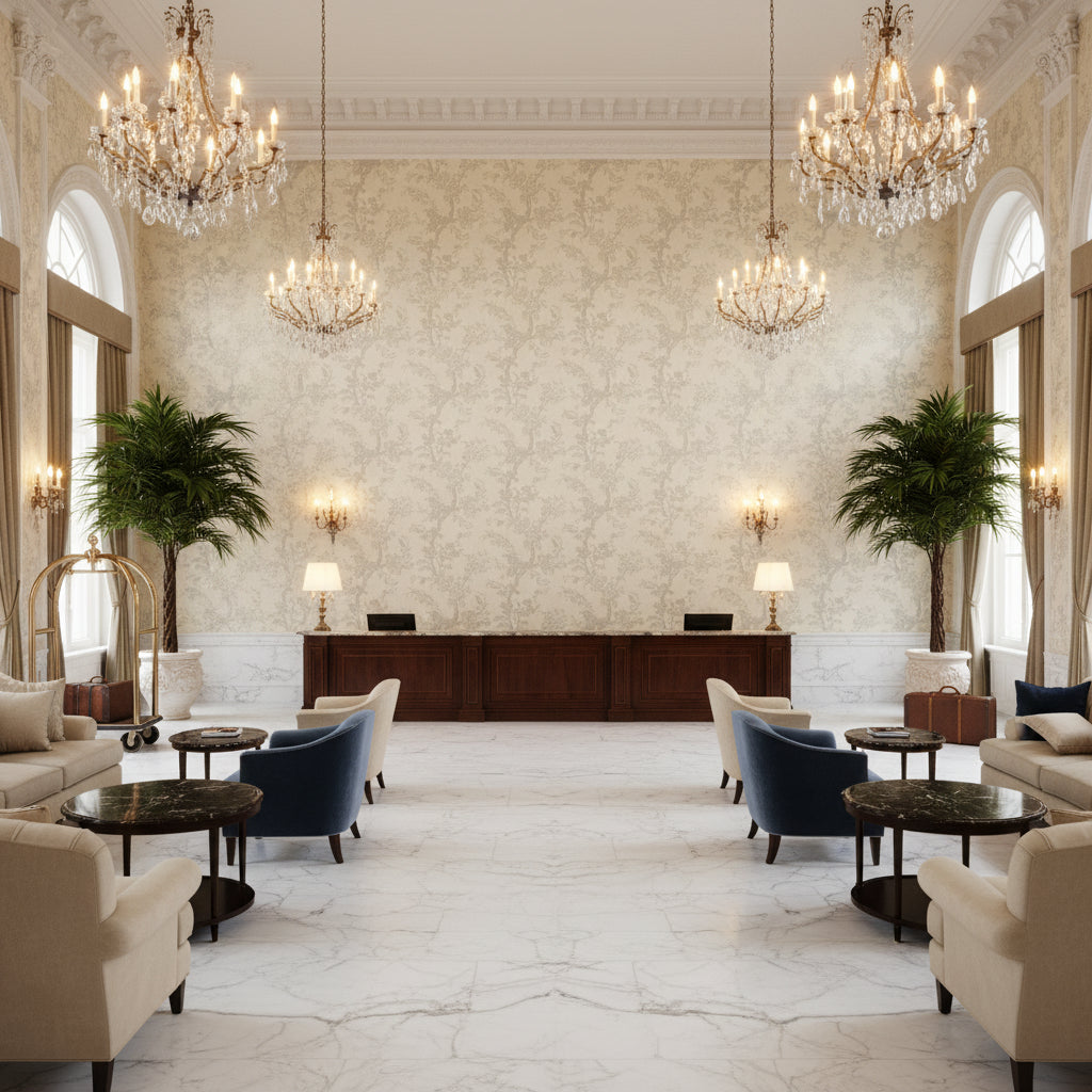 Beijing Blossom cream | Kravet - Hotel Lobby Visualization (AI-generated, may not be to scale. Verify pattern scale with product specifications.)