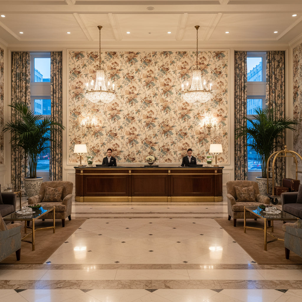 De La Tour Lichen | Kravet - Hotel Lobby Visualization (AI-generated, may not be to scale. Verify pattern scale with product specifications.)