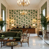 De La Tour Paolos Green | Kravet - Hotel Lobby Visualization (AI-generated, may not be to scale. Verify pattern scale with product specifications.)