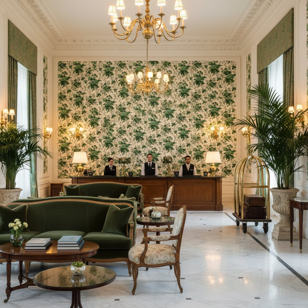 De La Tour Paolos Green | Kravet - Hotel Lobby Visualization (AI-generated, may not be to scale. Verify pattern scale with product specifications.)