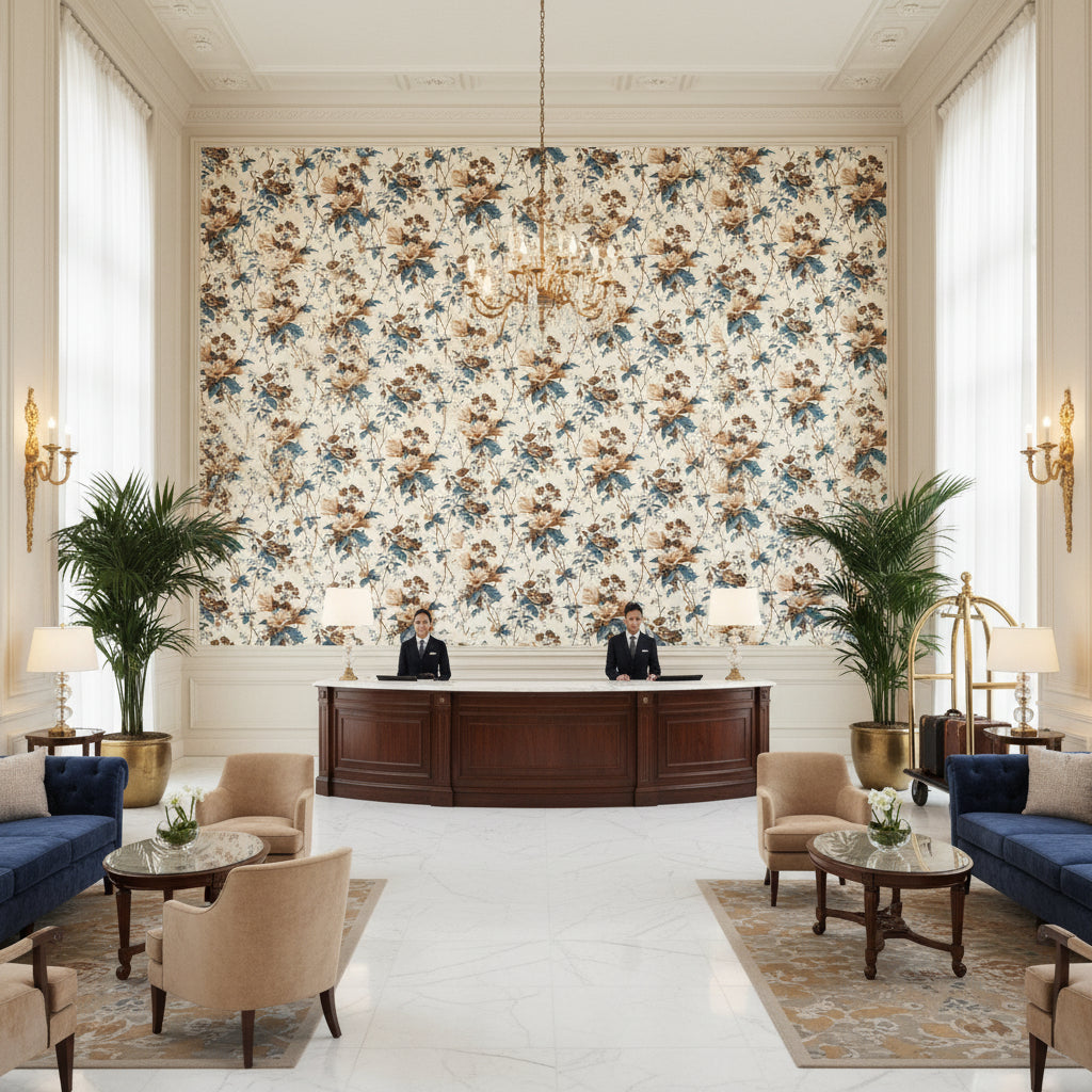 De La Tour Blu/Brow/Whi | Kravet - Hotel Lobby Visualization (AI-generated, may not be to scale. Verify pattern scale with product specifications.)