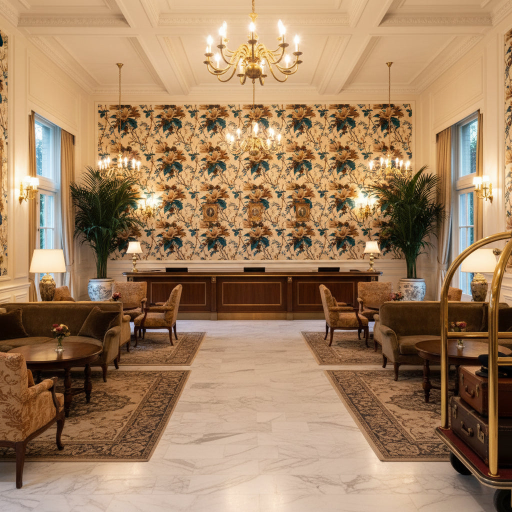 De La Tour Blu/Brow/Ecru | Kravet - Hotel Lobby Visualization (AI-generated, may not be to scale. Verify pattern scale with product specifications.)