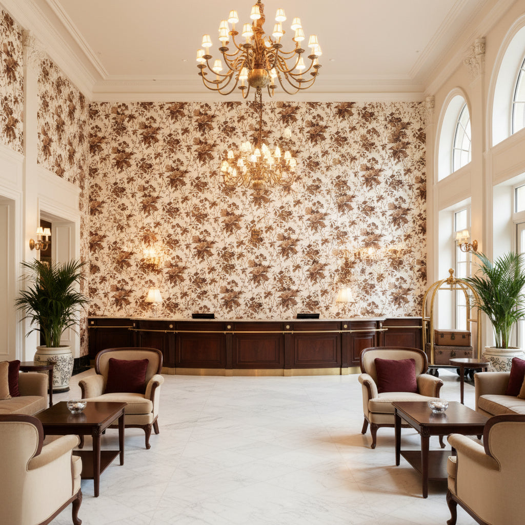 De La Tour Brown | Kravet - Hotel Lobby Visualization (AI-generated, may not be to scale. Verify pattern scale with product specifications.)