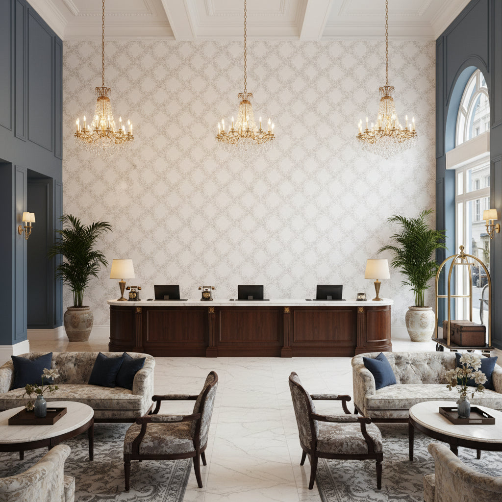 Leaf Trellis white | Kravet - Hotel Lobby Visualization (AI-generated, may not be to scale. Verify pattern scale with product specifications.)