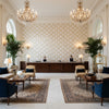 Leaf Trellis white | Kravet - Hotel Lobby Visualization (AI-generated, may not be to scale. Verify pattern scale with product specifications.)