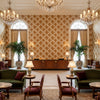 Leaf Trellis Caramel | Kravet - Hotel Lobby Visualization (AI-generated, may not be to scale. Verify pattern scale with product specifications.)