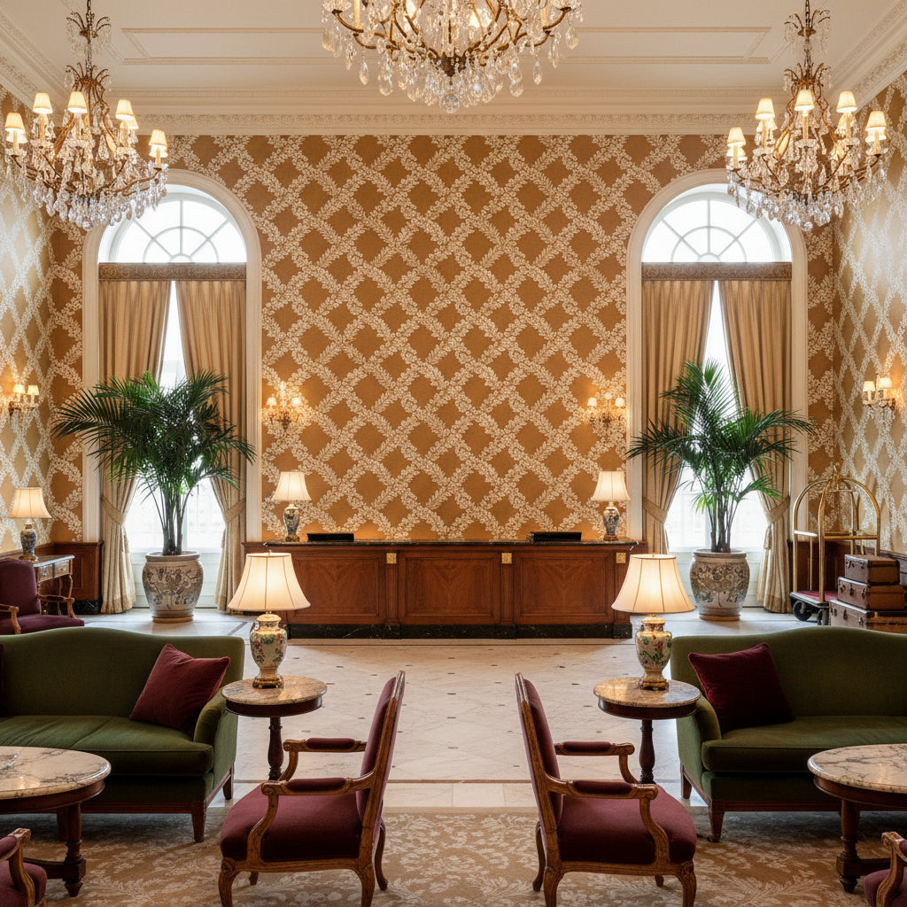 Leaf Trellis Caramel | Kravet - Hotel Lobby Visualization (AI-generated, may not be to scale. Verify pattern scale with product specifications.)