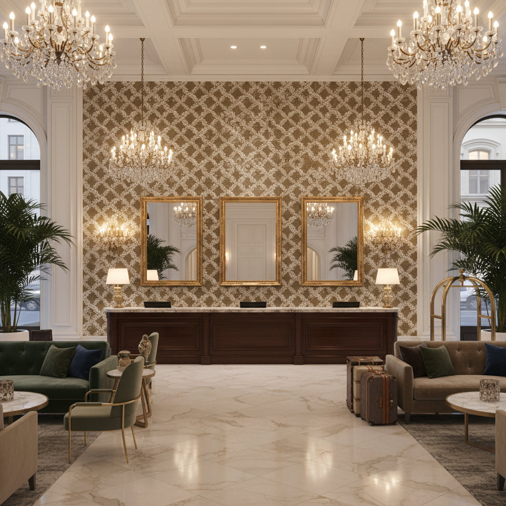 Leaf Trellis Green | Kravet - Hotel Lobby Visualization (AI-generated, may not be to scale. Verify pattern scale with product specifications.)