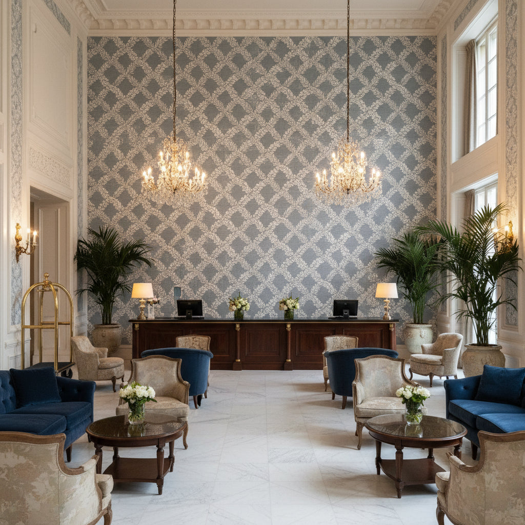 Leaf Trellis Lichen | Kravet - Hotel Lobby Visualization (AI-generated, may not be to scale. Verify pattern scale with product specifications.)