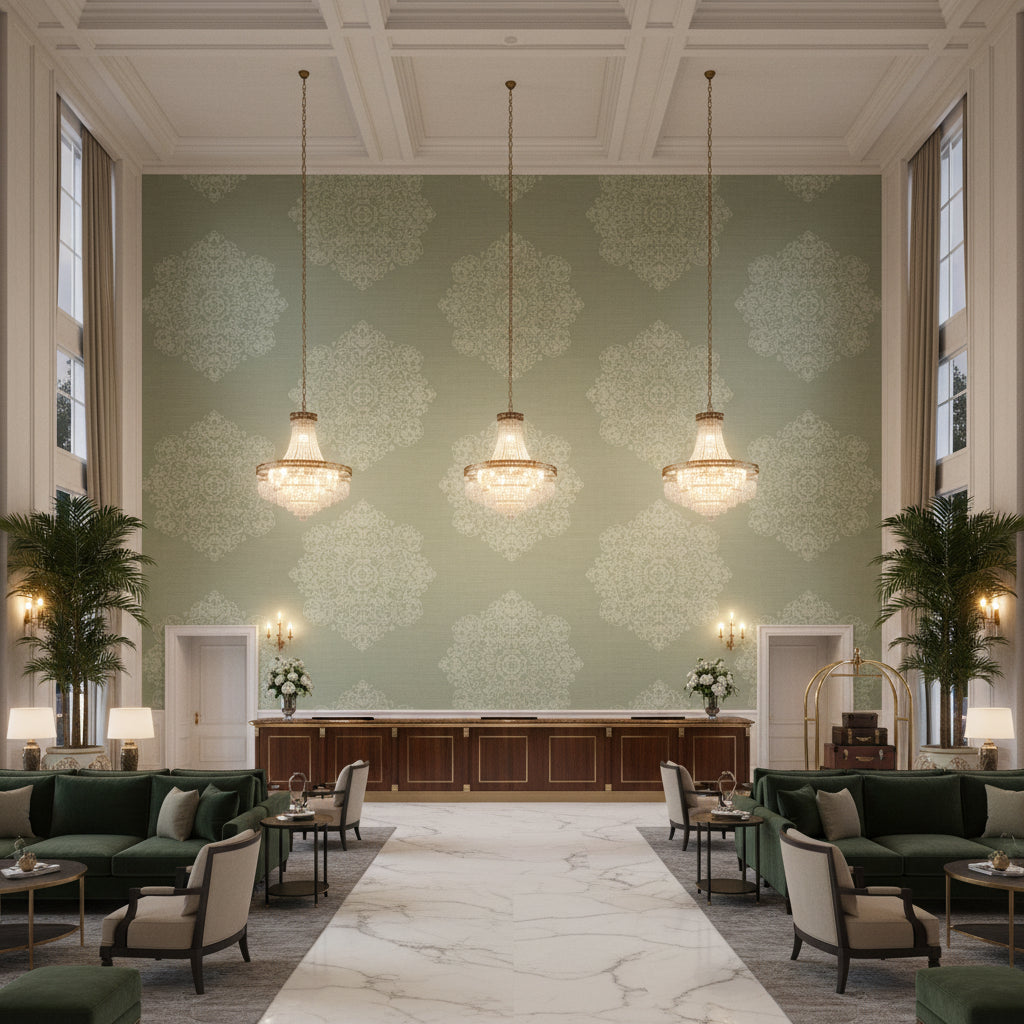 Leuven Celadon | Kravet - Hotel Lobby Visualization (AI-generated, may not be to scale. Verify pattern scale with product specifications.)