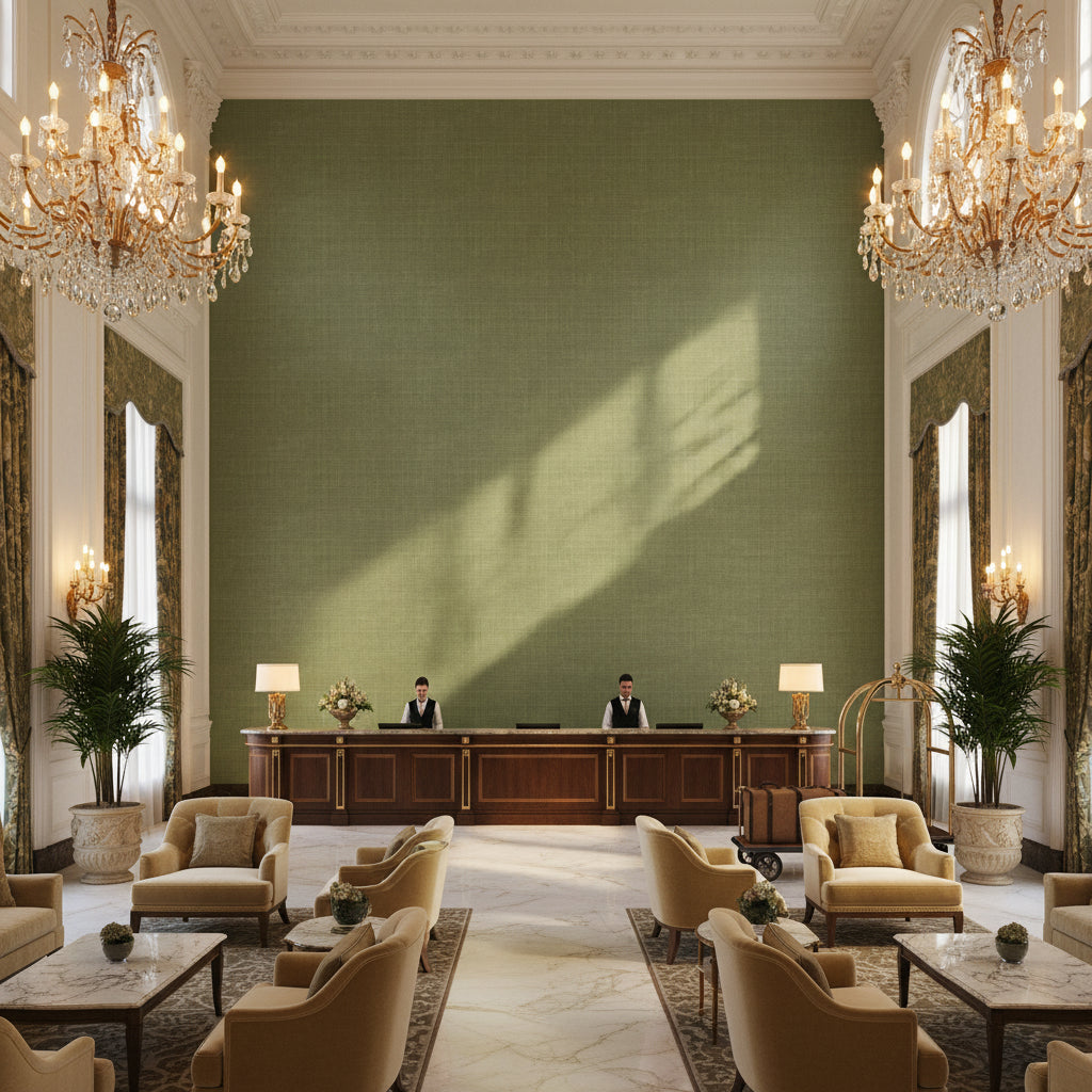 Leuven Sage | Kravet - Hotel Lobby Visualization (AI-generated, may not be to scale. Verify pattern scale with product specifications.)