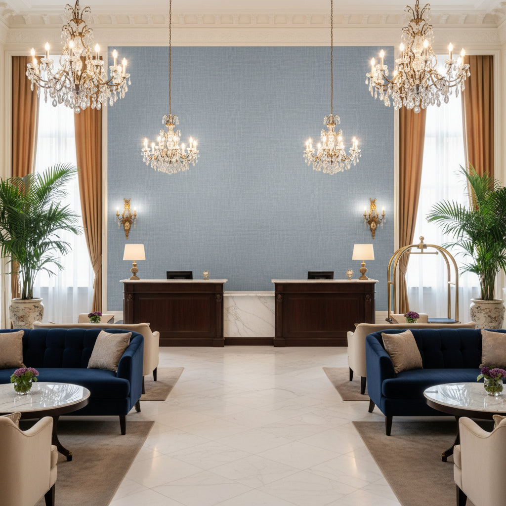 Leuven Cielo | Kravet - Hotel Lobby Visualization (AI-generated, may not be to scale. Verify pattern scale with product specifications.)