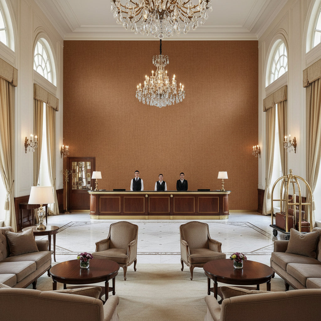 Leuven Ochre | Kravet - Hotel Lobby Visualization (AI-generated, may not be to scale. Verify pattern scale with product specifications.)
