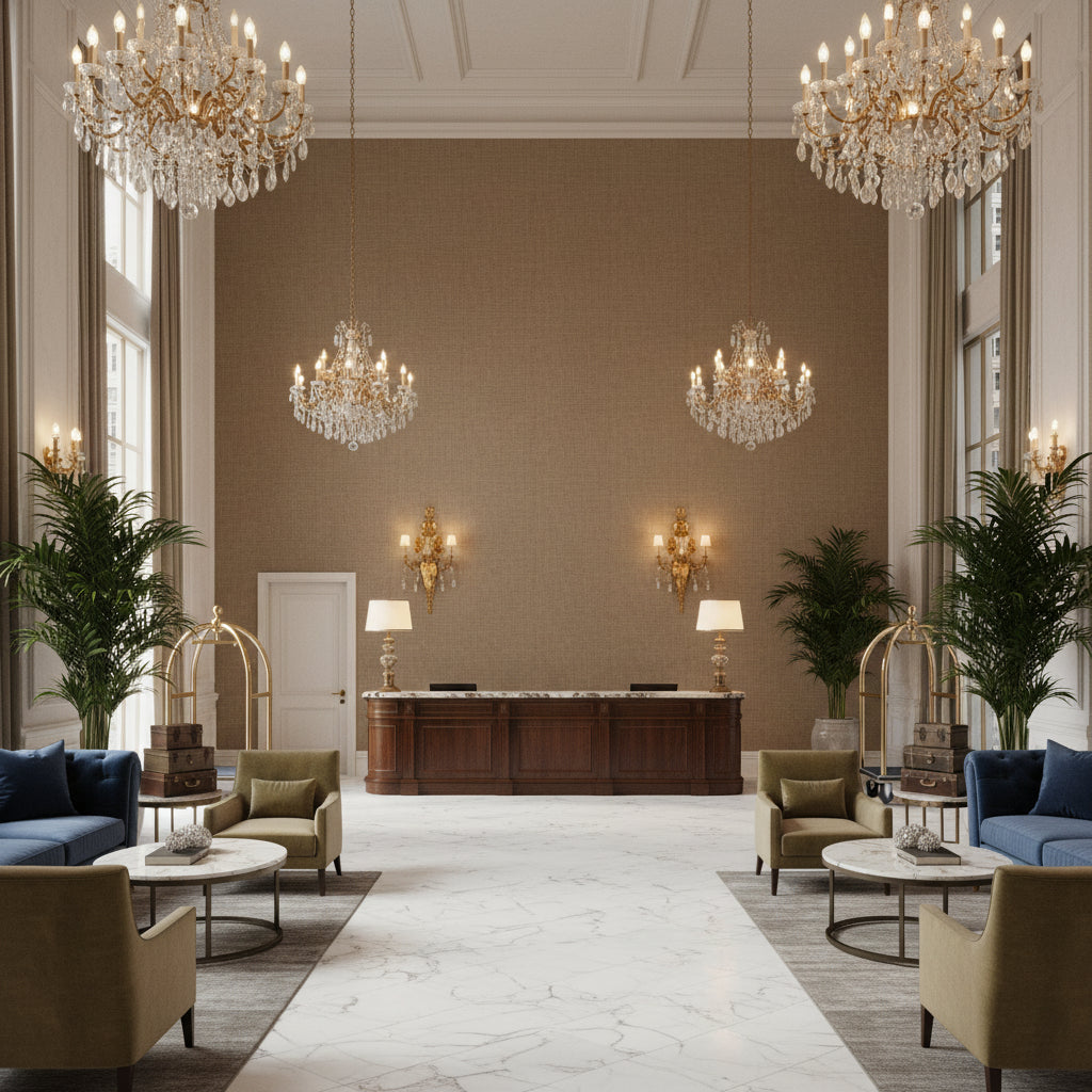 Leuven Taupe | Kravet - Hotel Lobby Visualization (AI-generated, may not be to scale. Verify pattern scale with product specifications.)