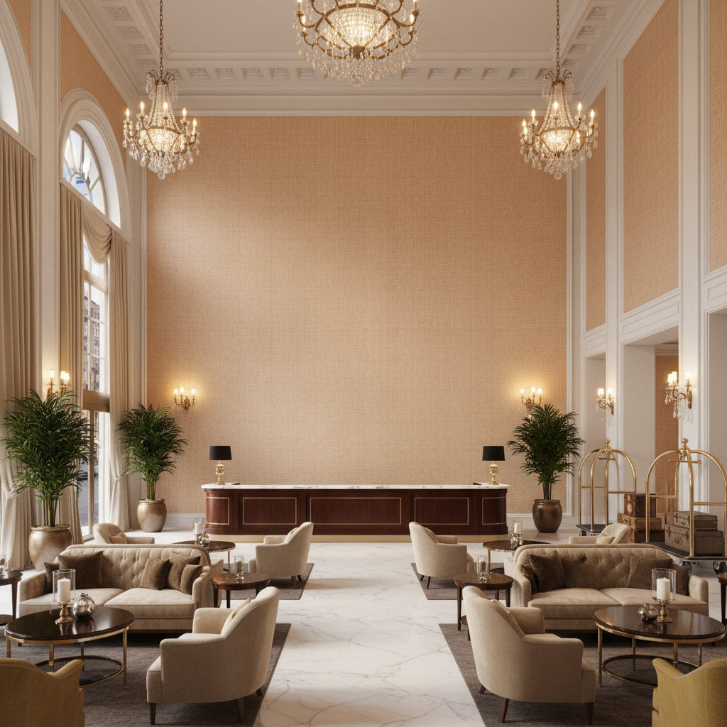 Leuven Antique Pink | Kravet - Hotel Lobby Visualization (AI-generated, may not be to scale. Verify pattern scale with product specifications.)