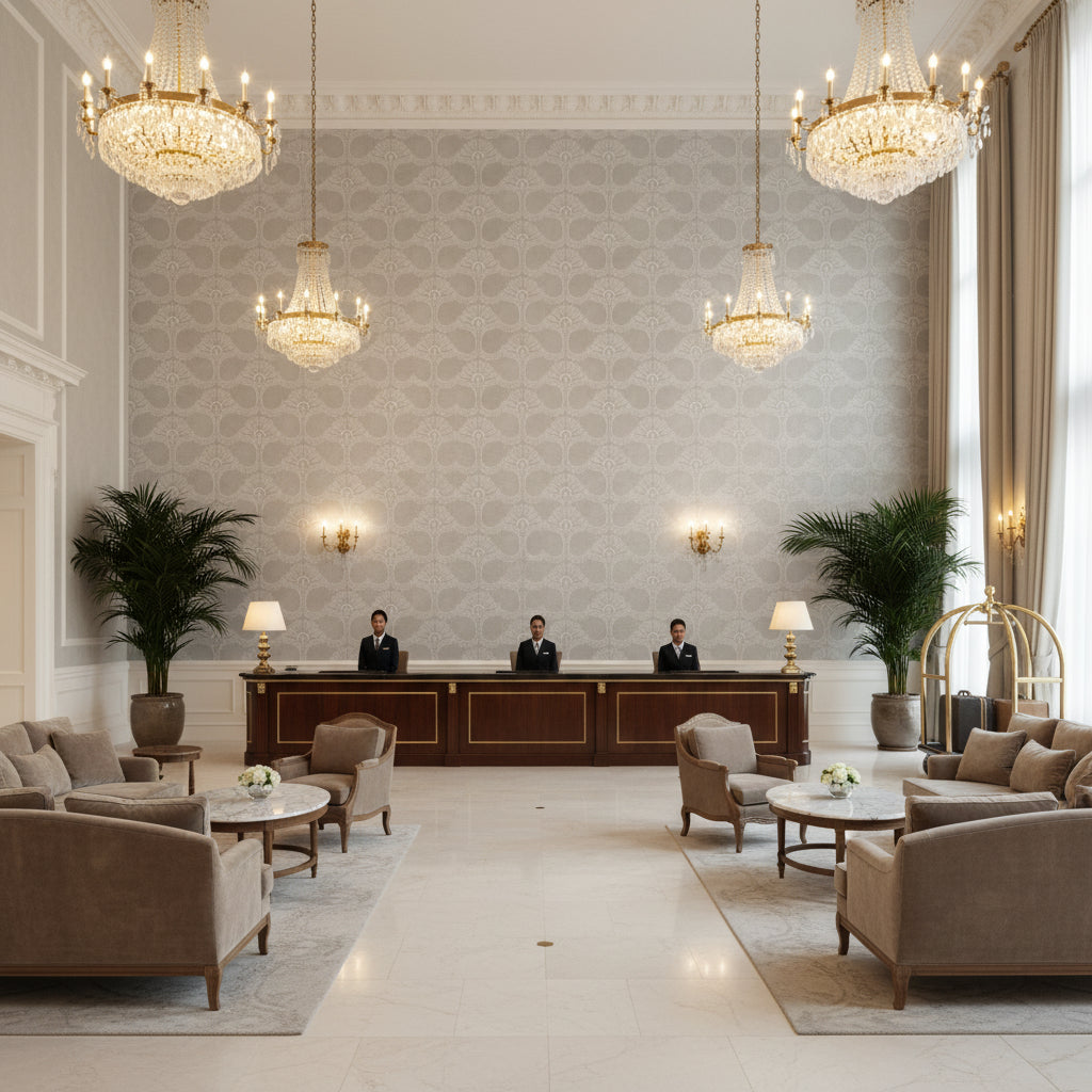 Odessa gray | Kravet - Hotel Lobby Visualization (AI-generated, may not be to scale. Verify pattern scale with product specifications.)