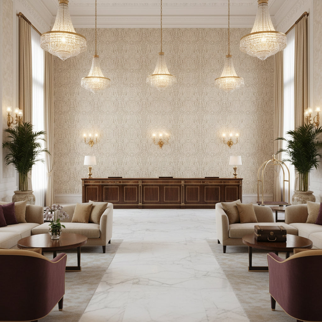 Drayton Print Buff | Kravet - Hotel Lobby Visualization (AI-generated, may not be to scale. Verify pattern scale with product specifications.)