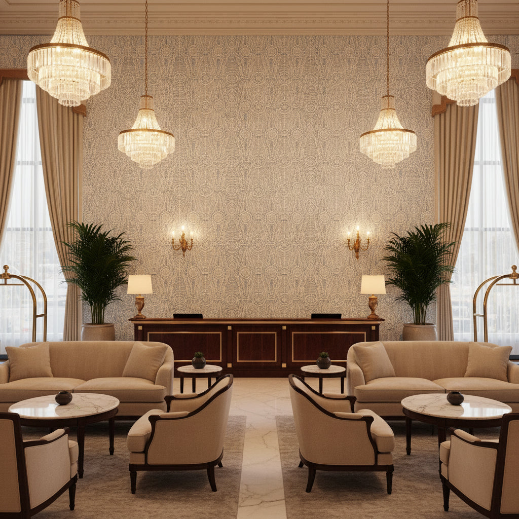 Drayton Print Aegean | Kravet - Hotel Lobby Visualization (AI-generated, may not be to scale. Verify pattern scale with product specifications.)