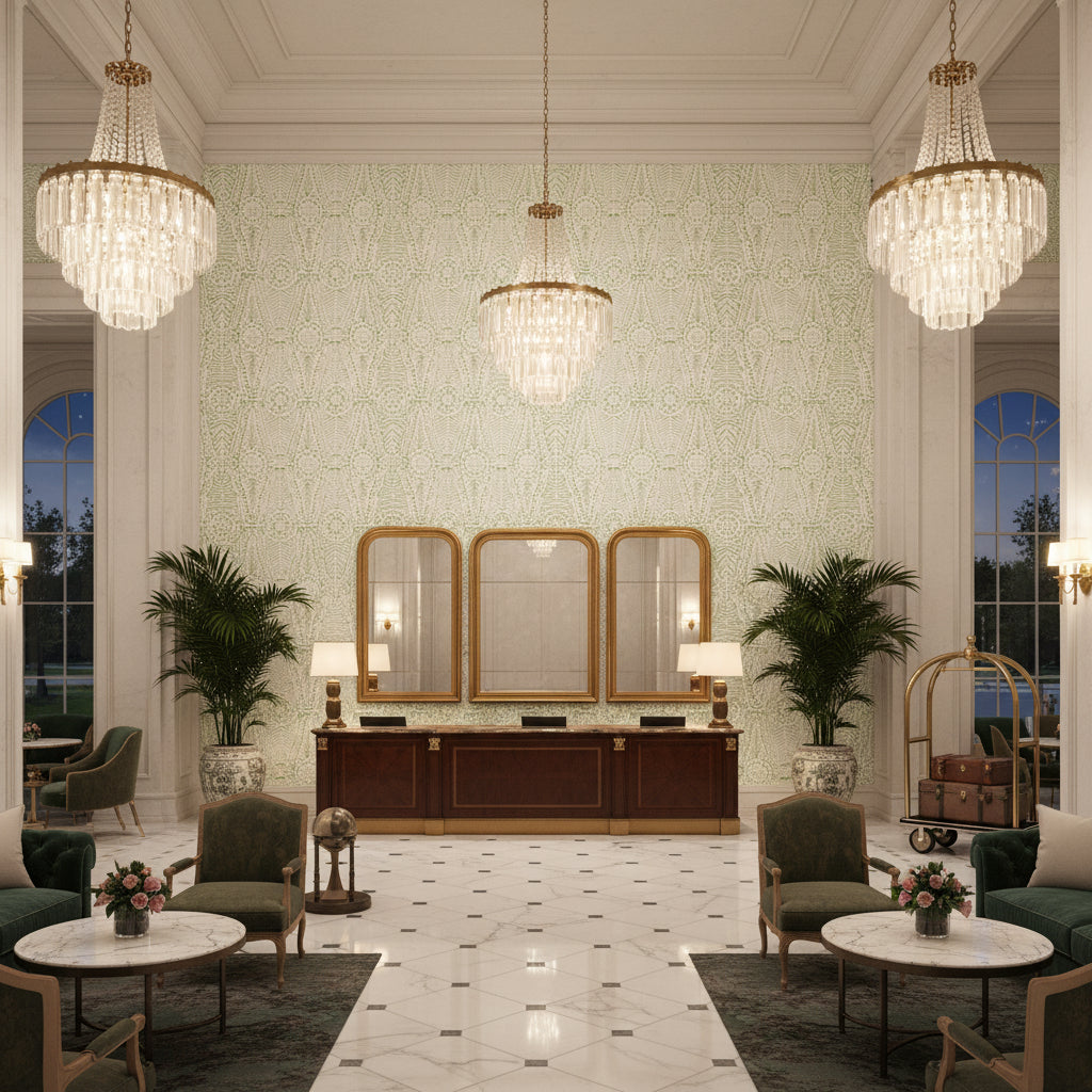 Drayton Print Moss | Kravet - Hotel Lobby Visualization (AI-generated, may not be to scale. Verify pattern scale with product specifications.)