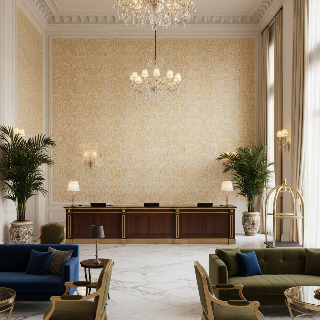 Drayton Print Maize | Kravet - Hotel Lobby Visualization (AI-generated, may not be to scale. Verify pattern scale with product specifications.)