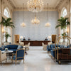 Drayton Print Denim | Kravet - Hotel Lobby Visualization (AI-generated, may not be to scale. Verify pattern scale with product specifications.)