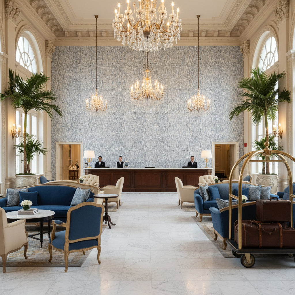 Drayton Print Denim | Kravet - Hotel Lobby Visualization (AI-generated, may not be to scale. Verify pattern scale with product specifications.)