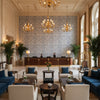 Drayton Print Indigo | Kravet - Hotel Lobby Visualization (AI-generated, may not be to scale. Verify pattern scale with product specifications.)