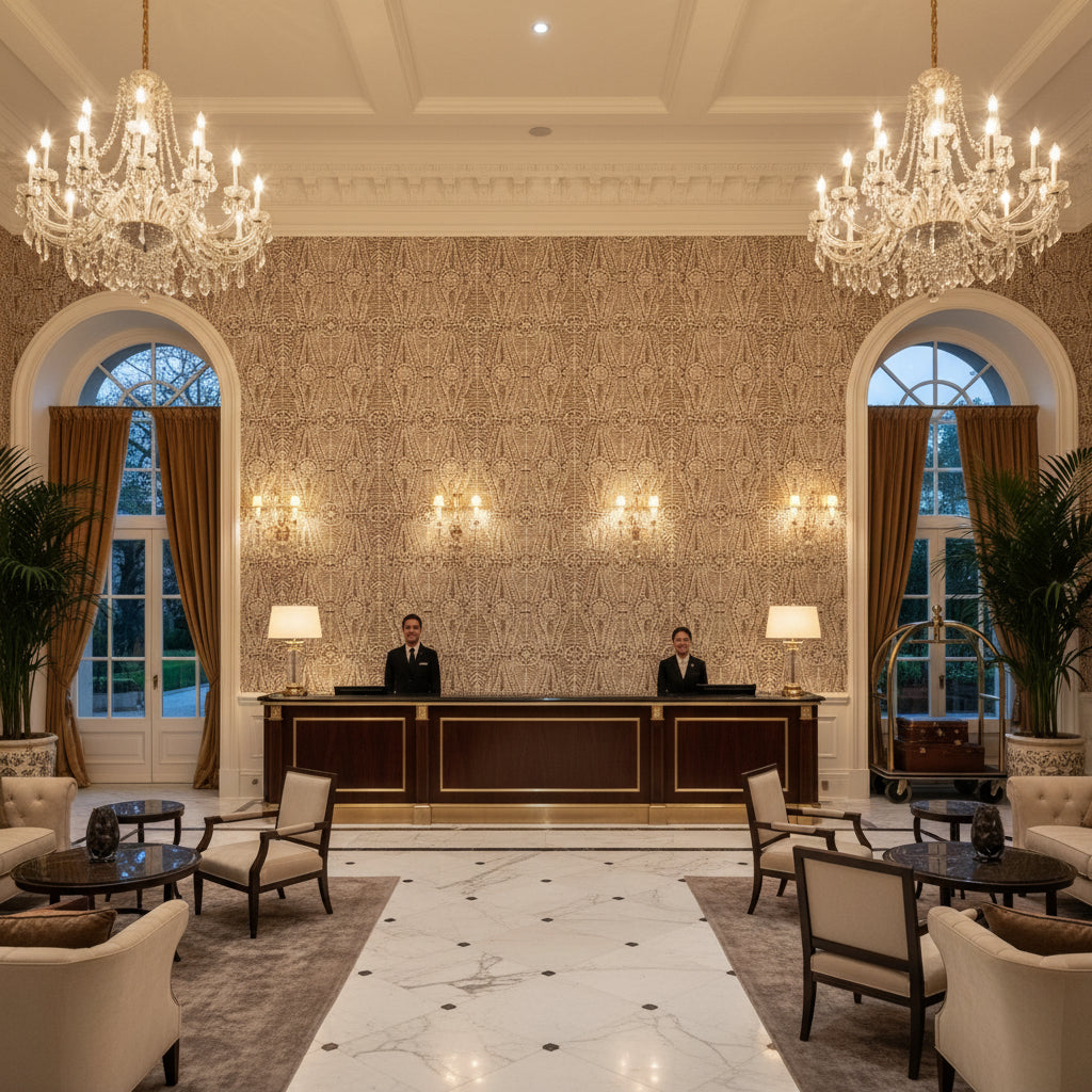 Drayton Print Java | Kravet - Hotel Lobby Visualization (AI-generated, may not be to scale. Verify pattern scale with product specifications.)