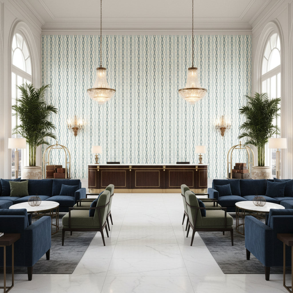 Elba Print Chambray | Kravet - Hotel Lobby Visualization (AI-generated, may not be to scale. Verify pattern scale with product specifications.)