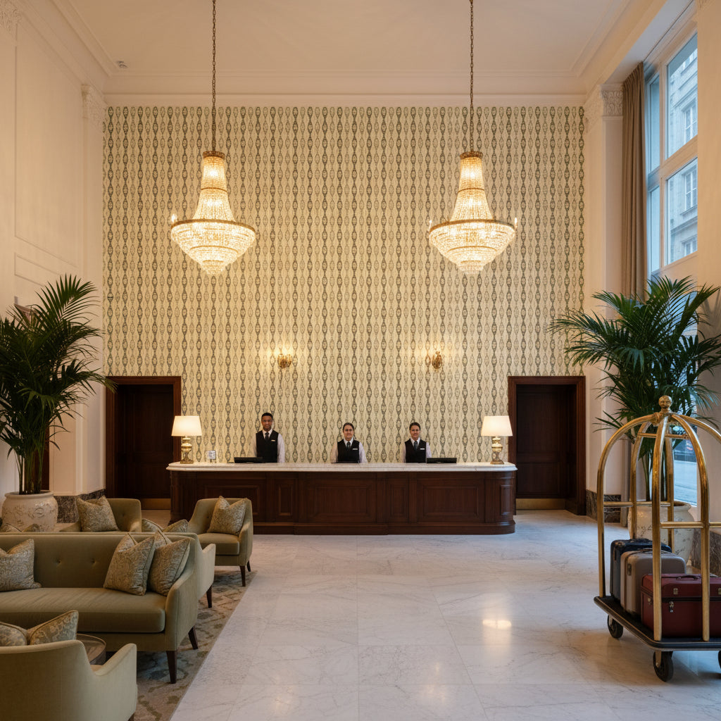 Elba Print Jade | Kravet - Hotel Lobby Visualization (AI-generated, may not be to scale. Verify pattern scale with product specifications.)