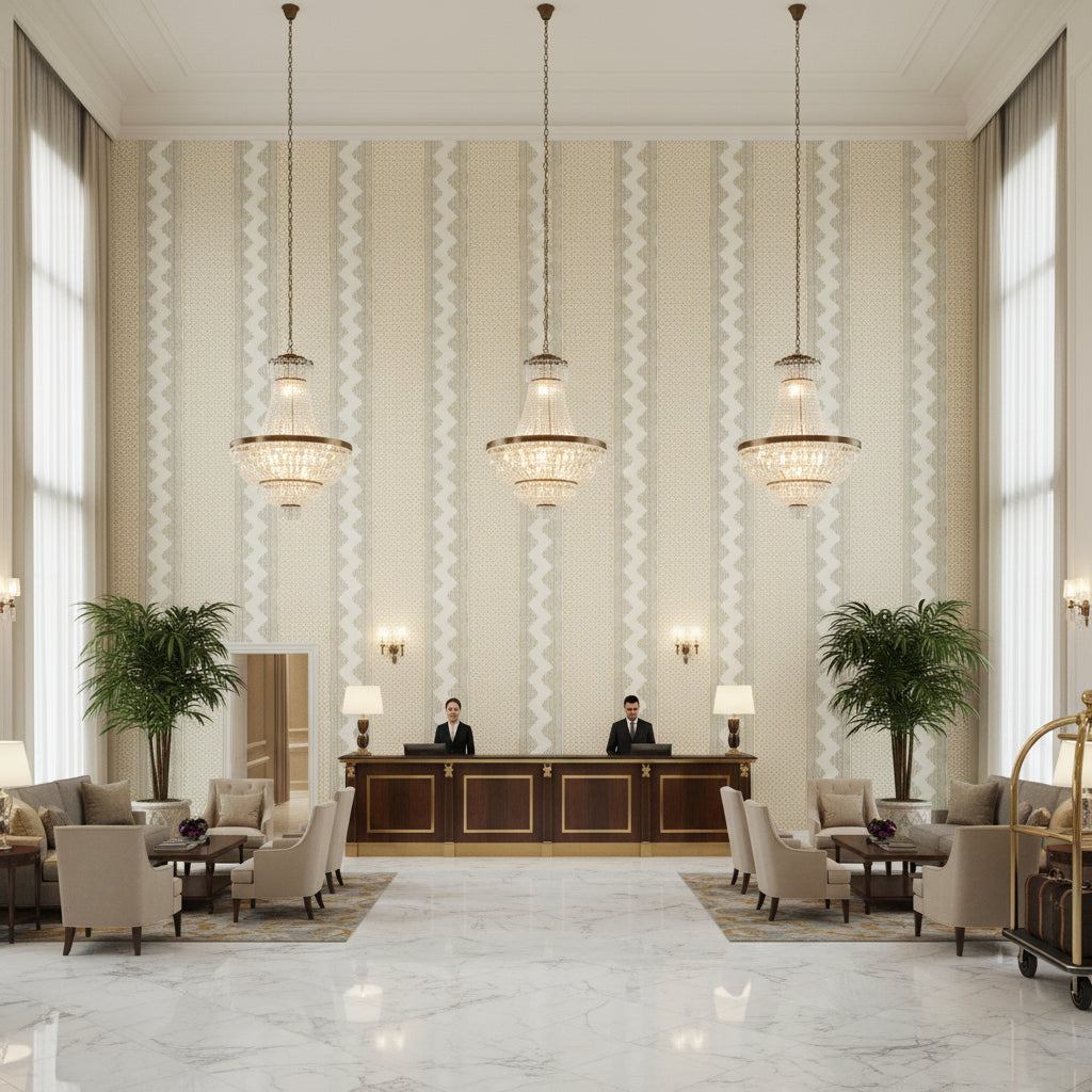 Whitaker Print Grey/Sand | Kravet - Hotel Lobby Visualization (AI-generated, may not be to scale. Verify pattern scale with product specifications.)