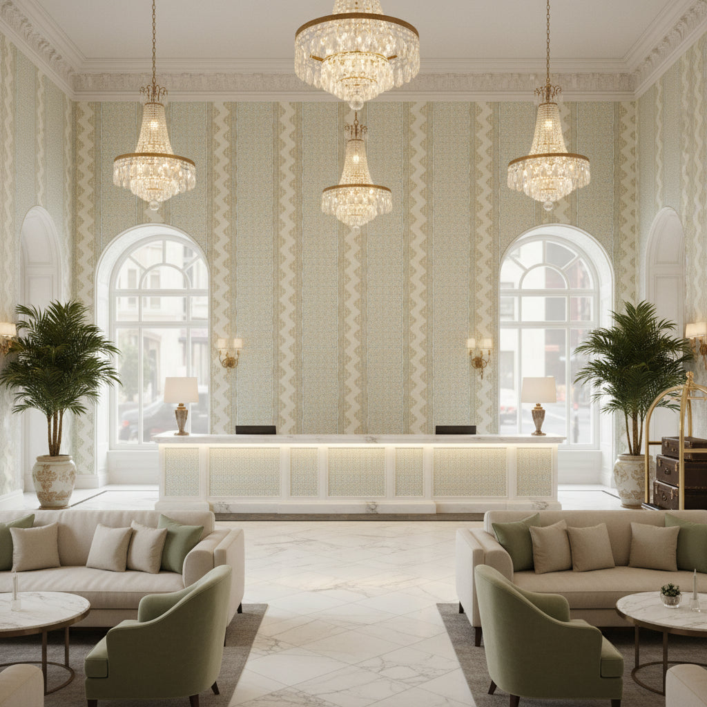 Whitaker Print Sage/Aqua | Kravet - Hotel Lobby Visualization (AI-generated, may not be to scale. Verify pattern scale with product specifications.)
