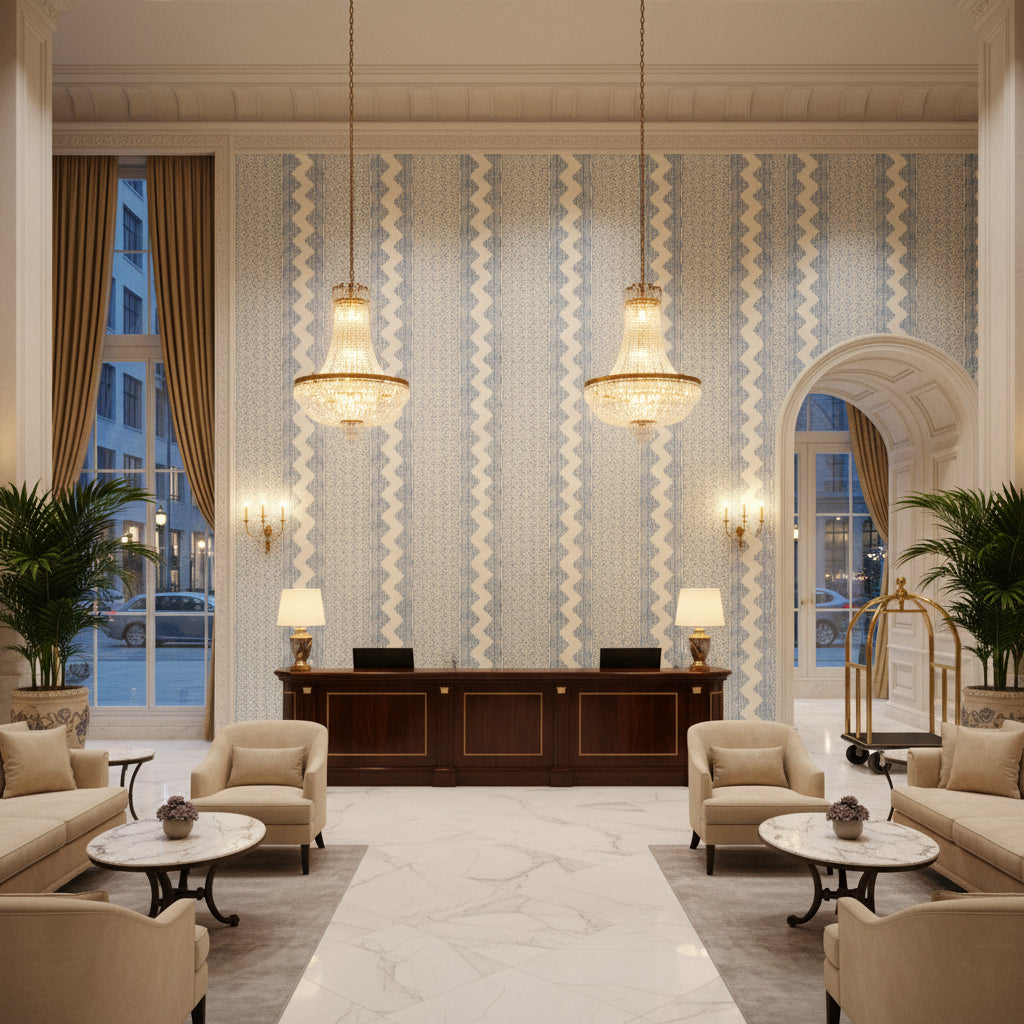 Whitaker Print Sky/Delft | Kravet - Hotel Lobby Visualization (AI-generated, may not be to scale. Verify pattern scale with product specifications.)