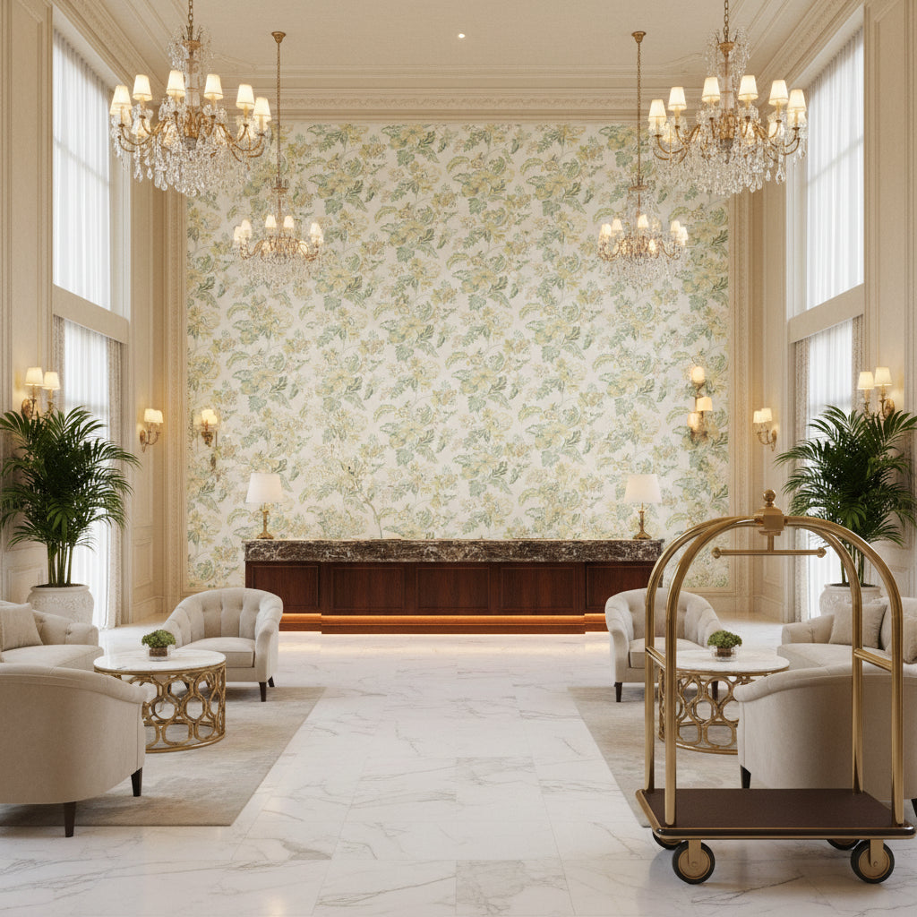 Augustine Print Celadon | Kravet - Hotel Lobby Visualization (AI-generated, may not be to scale. Verify pattern scale with product specifications.)