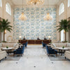 Augustine Print Aqua | Kravet - Hotel Lobby Visualization (AI-generated, may not be to scale. Verify pattern scale with product specifications.)