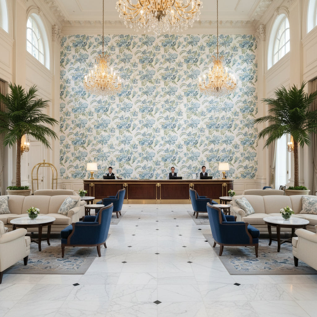 Augustine Print Aqua | Kravet - Hotel Lobby Visualization (AI-generated, may not be to scale. Verify pattern scale with product specifications.)