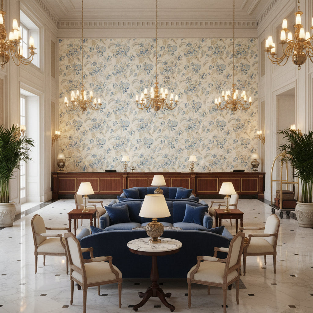 Augustine Print Lake | Kravet - Hotel Lobby Visualization (AI-generated, may not be to scale. Verify pattern scale with product specifications.)