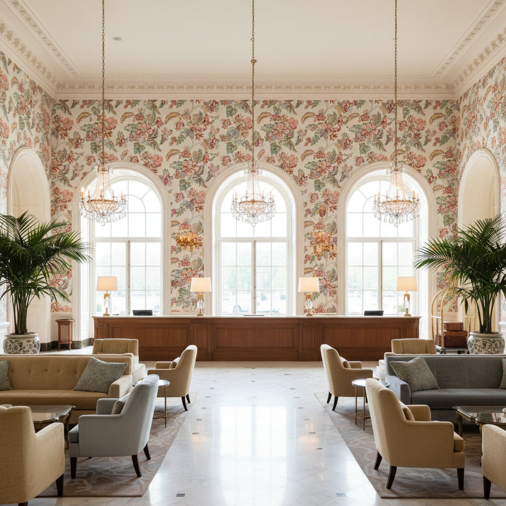 Augustine Print Multi | Kravet - Hotel Lobby Visualization (AI-generated, may not be to scale. Verify pattern scale with product specifications.)
