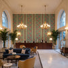 Bongol Print Aqua | Kravet - Hotel Lobby Visualization (AI-generated, may not be to scale. Verify pattern scale with product specifications.)