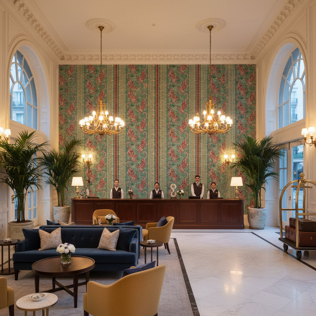 Bongol Print Aqua | Kravet - Hotel Lobby Visualization (AI-generated, may not be to scale. Verify pattern scale with product specifications.)