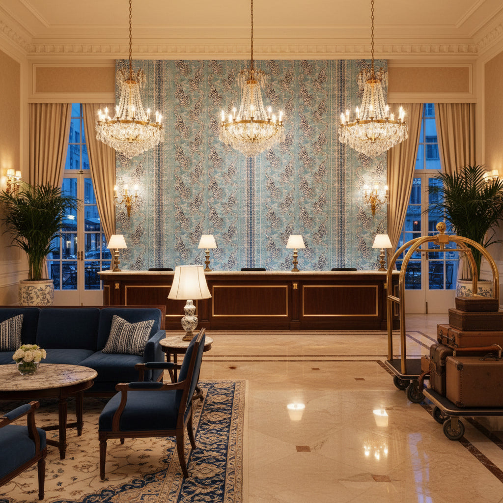 Bongol Print Sky | Kravet - Hotel Lobby Visualization (AI-generated, may not be to scale. Verify pattern scale with product specifications.)