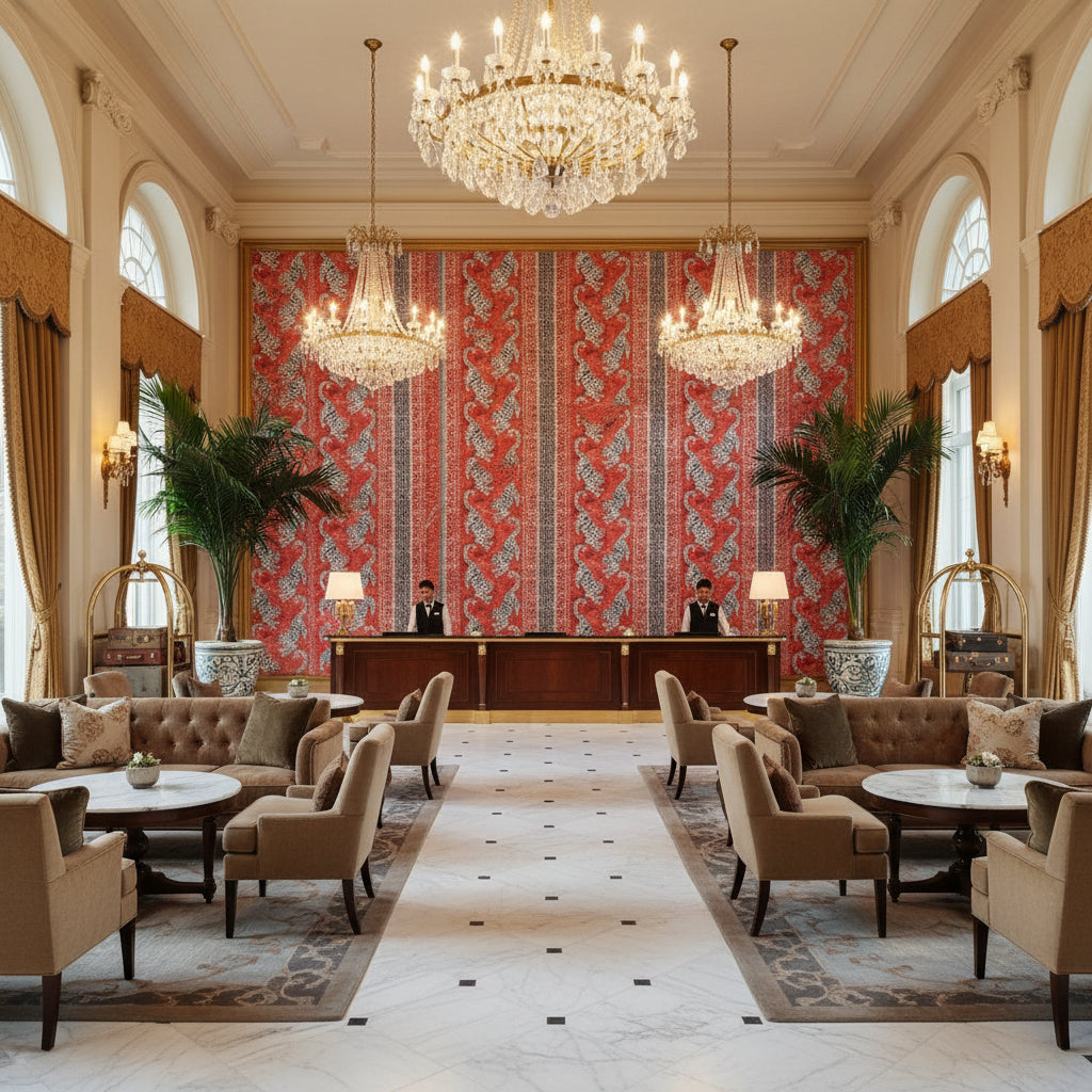 Bongol Print Poppy | Kravet - Hotel Lobby Visualization (AI-generated, may not be to scale. Verify pattern scale with product specifications.)