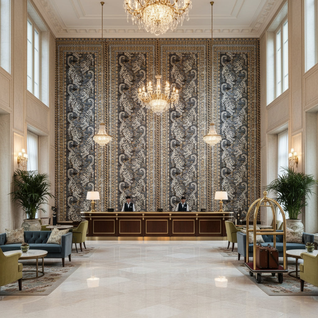 Bongol Print Charcoal | Kravet - Hotel Lobby Visualization (AI-generated, may not be to scale. Verify pattern scale with product specifications.)