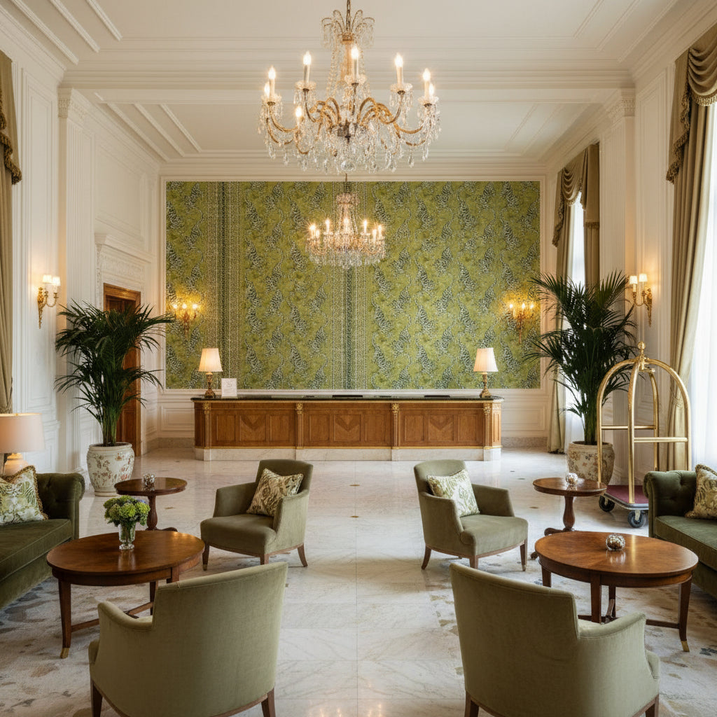 Bongol Print Kiwi | Kravet - Hotel Lobby Visualization (AI-generated, may not be to scale. Verify pattern scale with product specifications.)