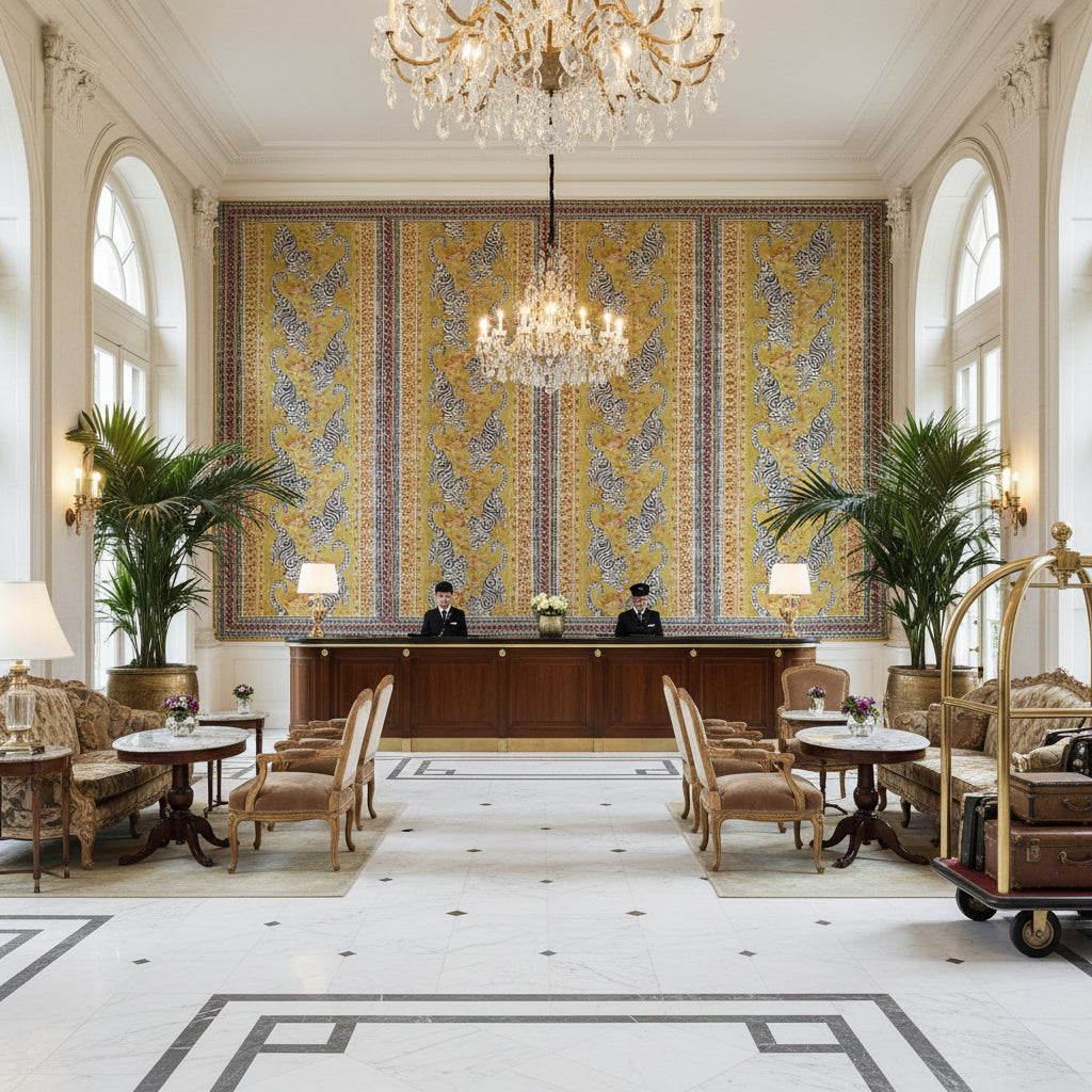 Bongol Print Citrine | Kravet - Hotel Lobby Visualization (AI-generated, may not be to scale. Verify pattern scale with product specifications.)