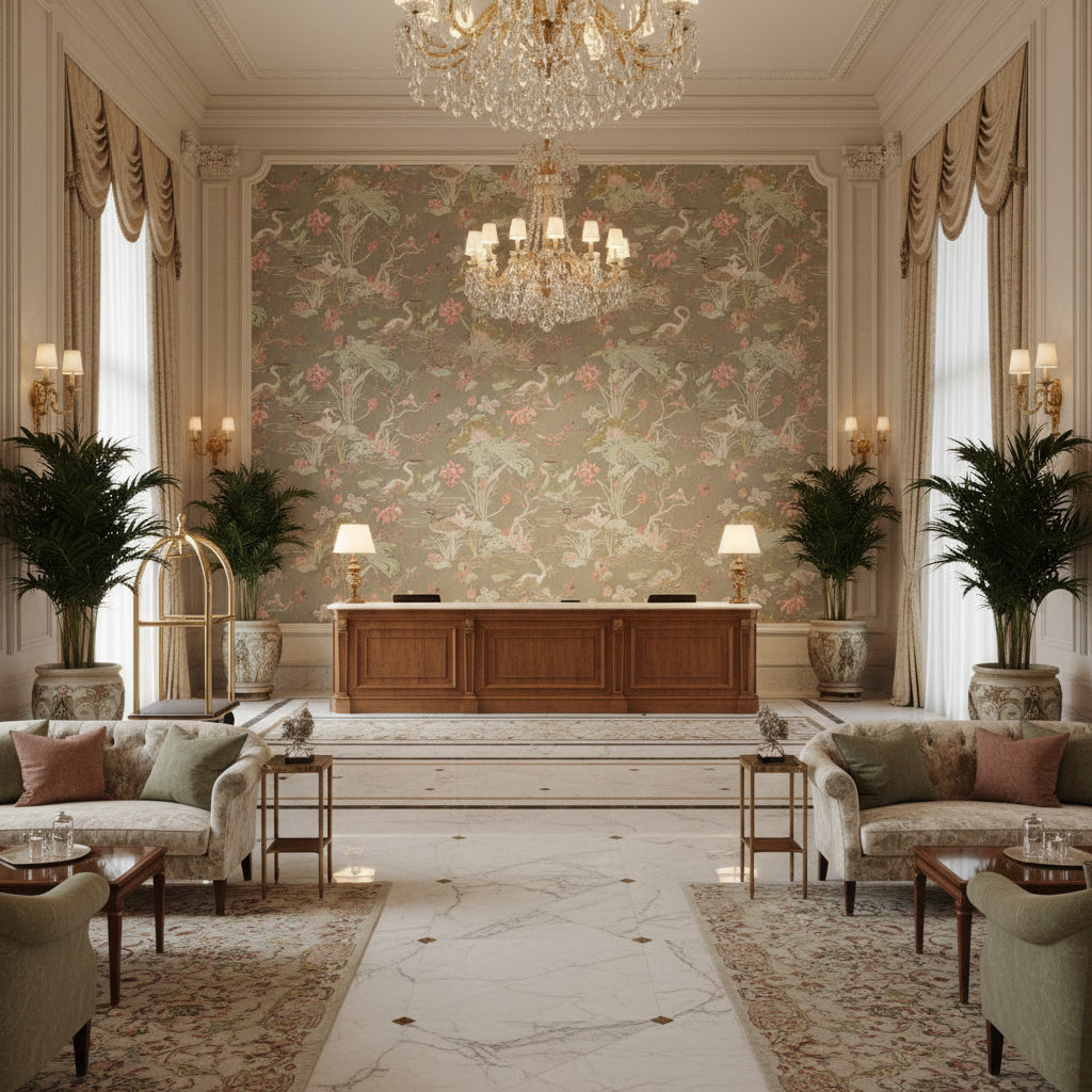 Luzon Print Fawn | Kravet - Hotel Lobby Visualization (AI-generated, may not be to scale. Verify pattern scale with product specifications.)