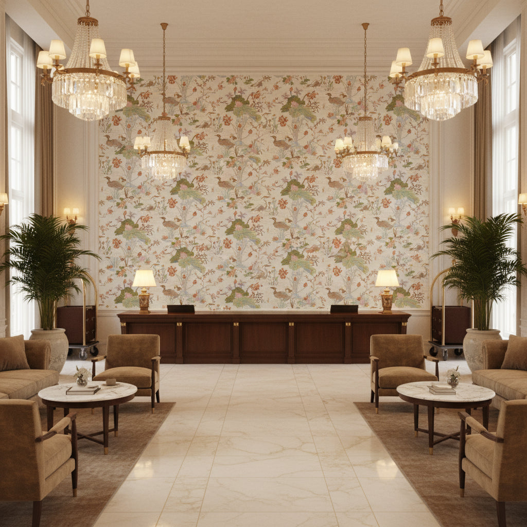 Luzon Print Apricot | Kravet - Hotel Lobby Visualization (AI-generated, may not be to scale. Verify pattern scale with product specifications.)