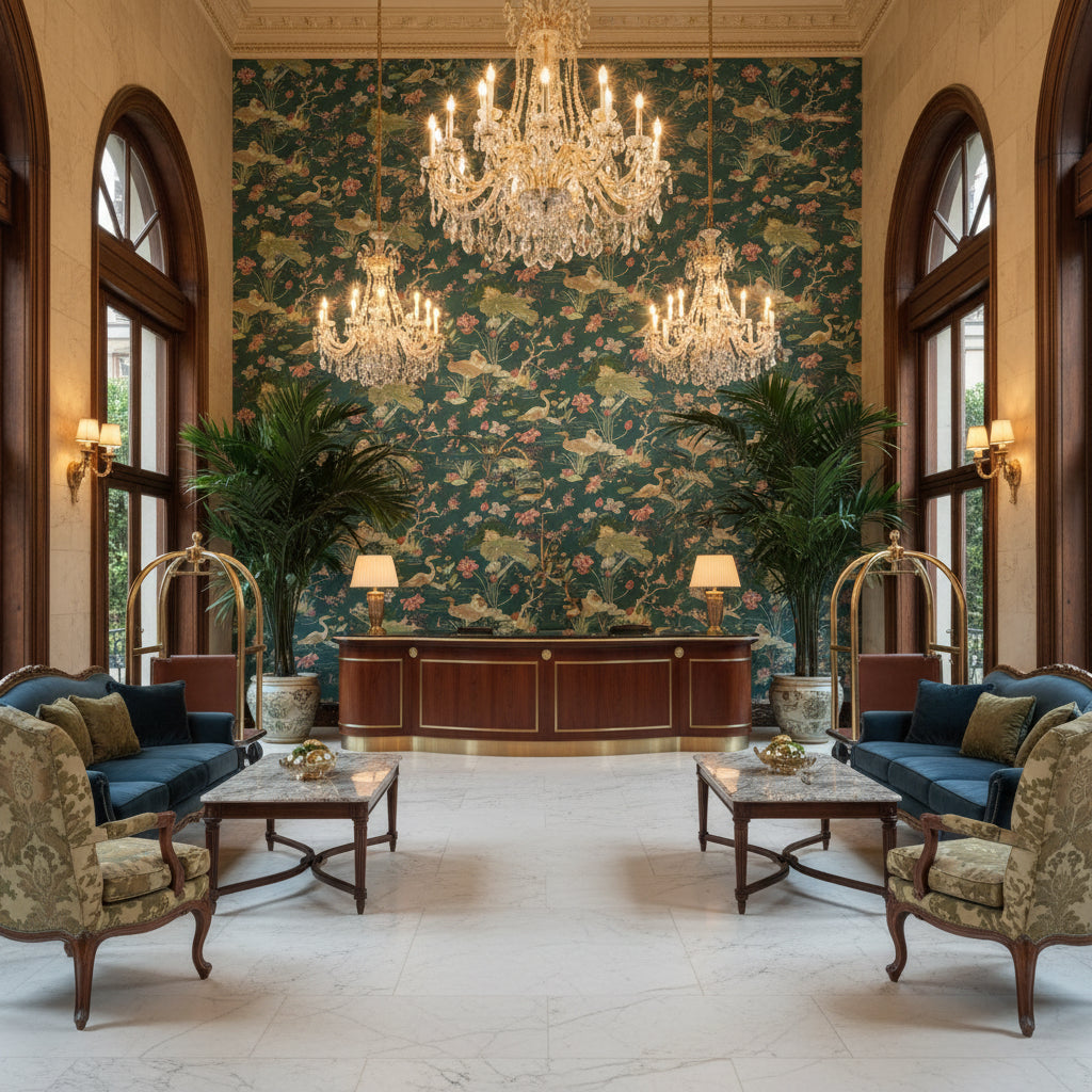 Luzon Print Lagoon | Kravet - Hotel Lobby Visualization (AI-generated, may not be to scale. Verify pattern scale with product specifications.)