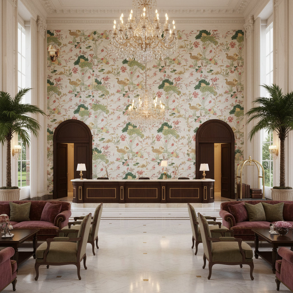 Luzon Print Spring | Kravet - Hotel Lobby Visualization (AI-generated, may not be to scale. Verify pattern scale with product specifications.)