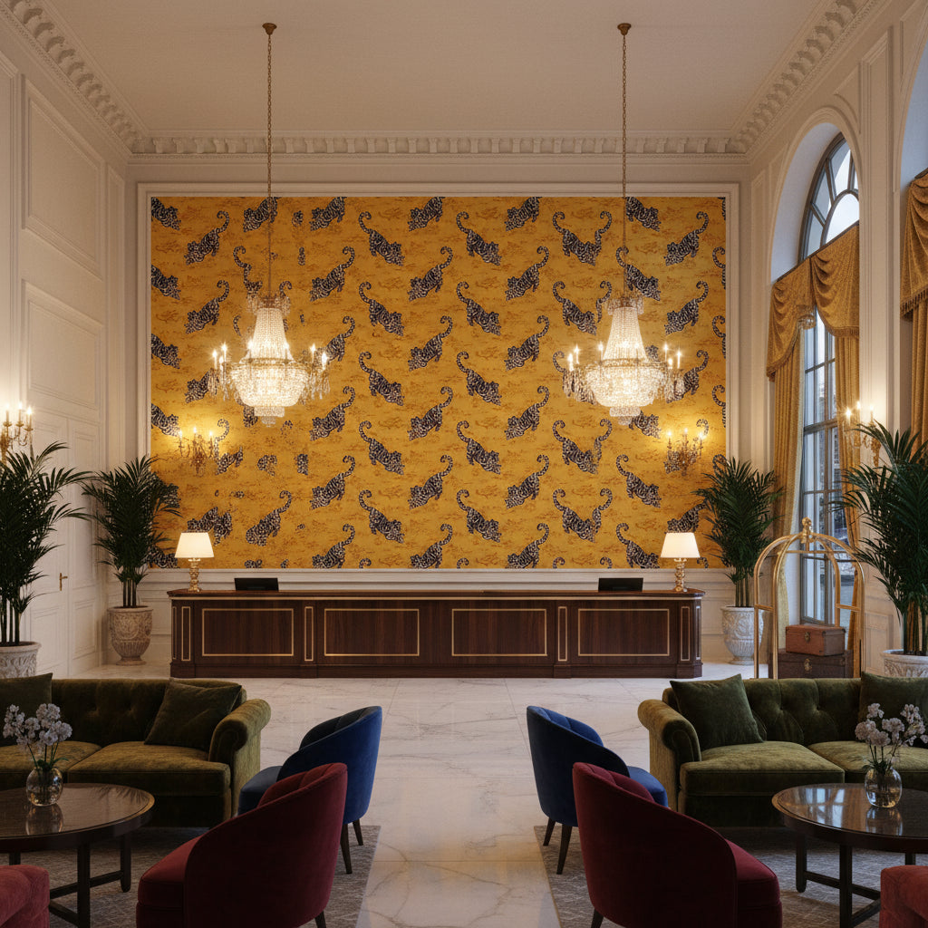 Bongol Velvet Sand | Kravet - Hotel Lobby Visualization (AI-generated, may not be to scale. Verify pattern scale with product specifications.)